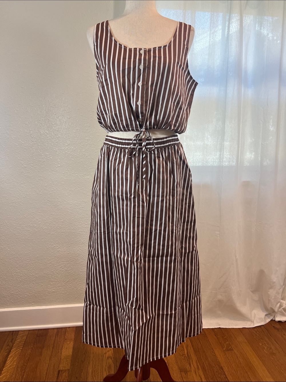 Love Tree Brown & White Striped Cotton Crop Tank and Maxi Skirt. Size M. NWT
